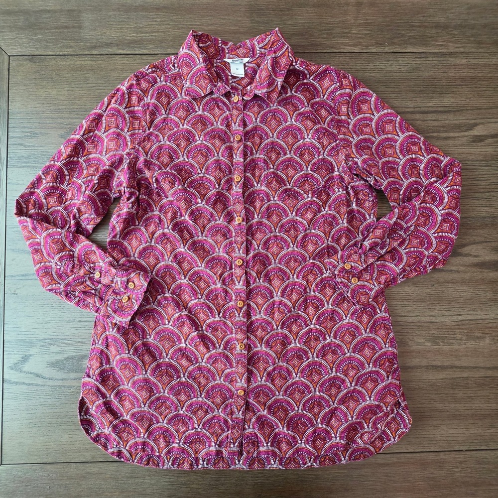 Duluth Trading Co Womens Medium Hemp Organic Cotton Button Down Shirt Pink Fan